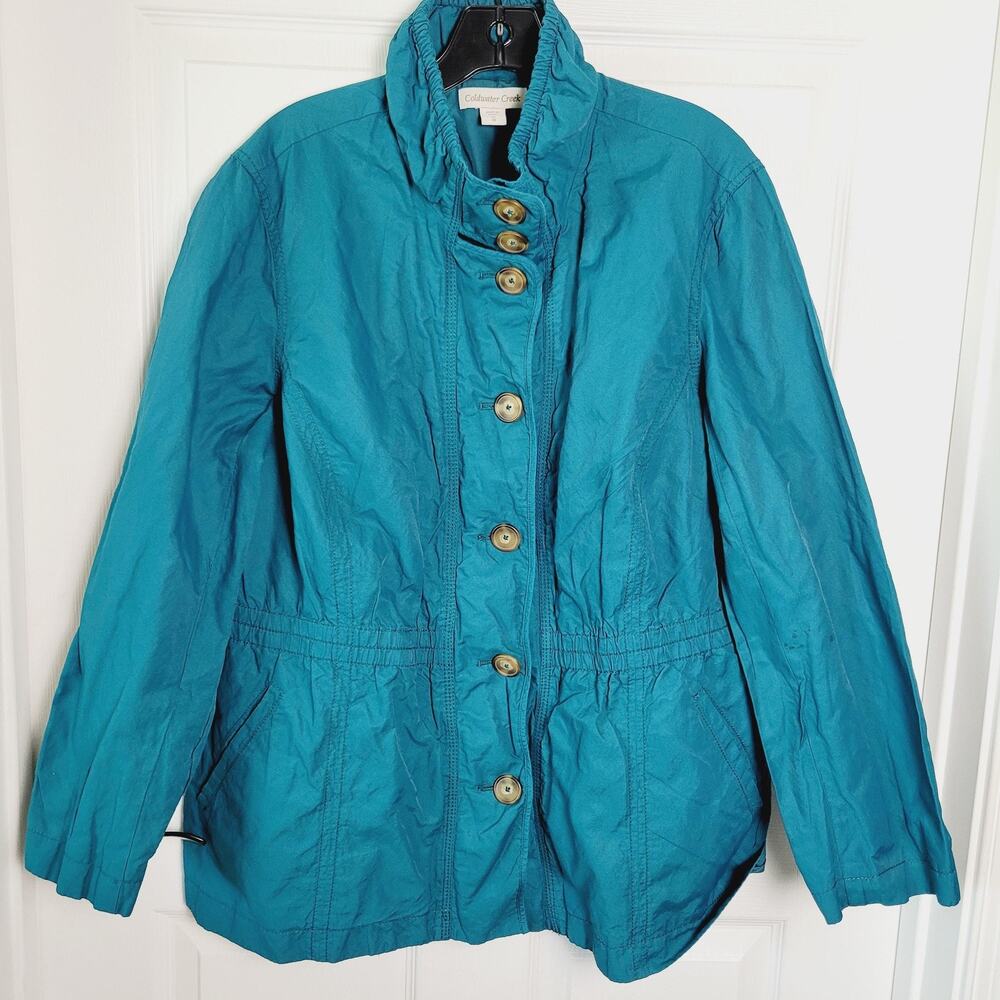 Coldwater Creek Jacket Womens 1X 18 Teal Blue Funnel Neck Button Front Pockets